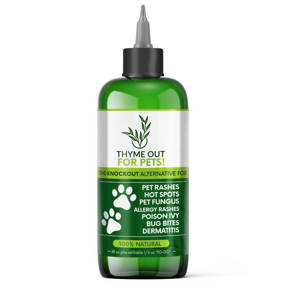 Thyme Out para mascotas, botella de 8 oz lista para uso diario.