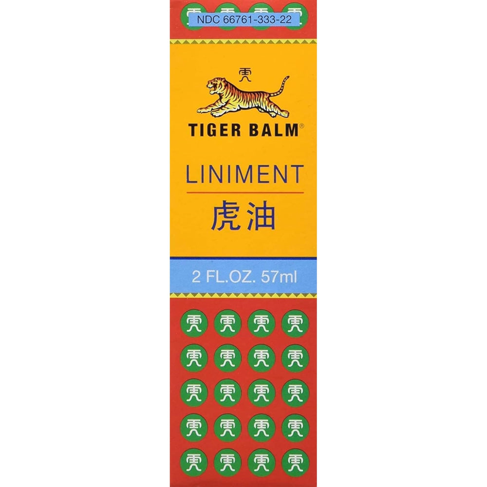 Tiger Balm Linimento: botella vertiendo para masaje localizado y alivio potencial.
