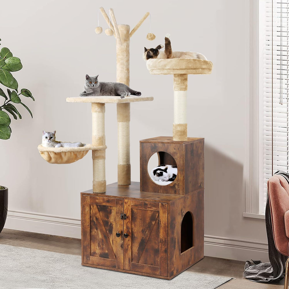 Timberer torre-gato 2en1 con caja de arena: espacio cómodo y privado para gatos.