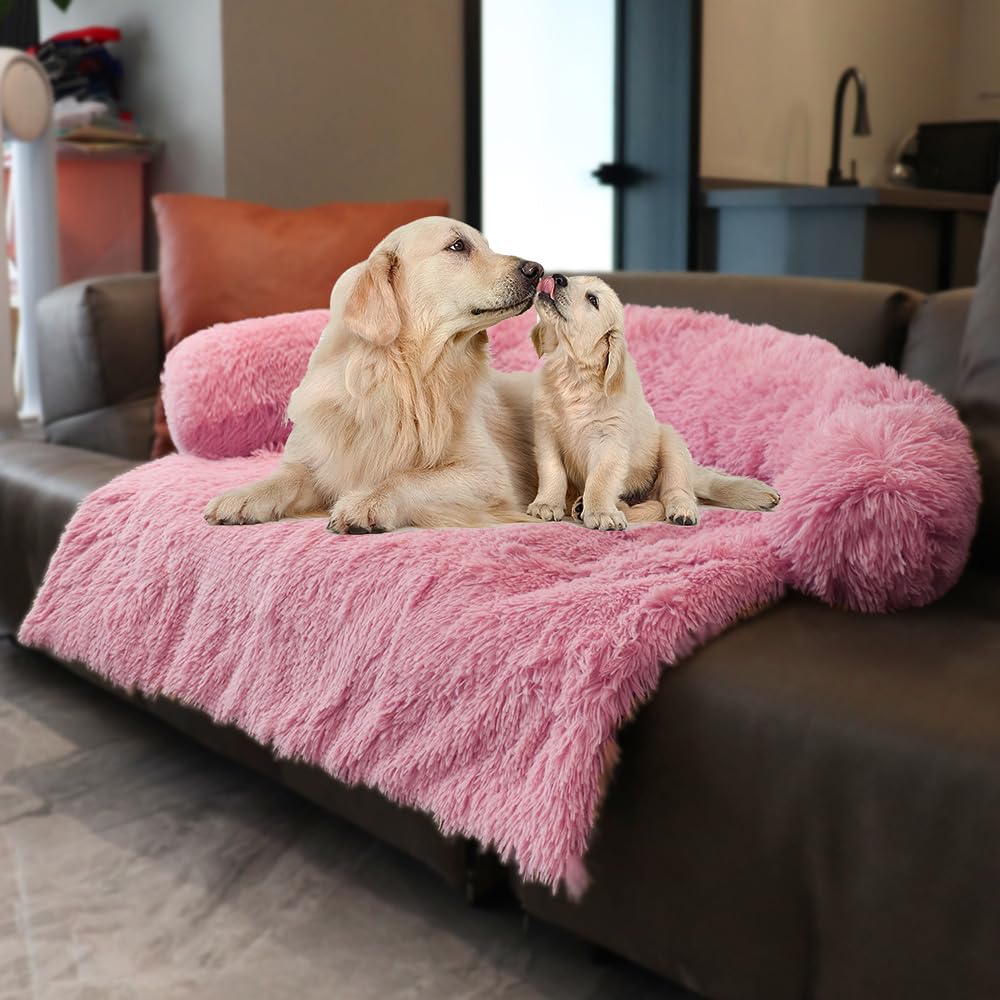 Tinaco Cama para mascotas rosa con felpa larga para mayor confort nocturno.