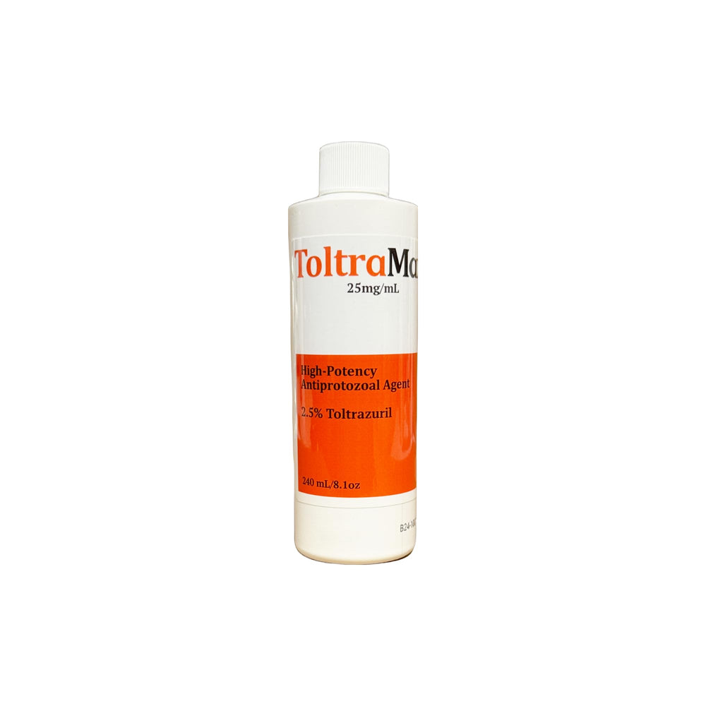 ToltraMax Toltrazuril 2.5% en botella de 240 ml para caballos, perros y gatos.