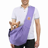 TOMKAS bandolera acolchada morada para mascotas, transporte cómodo.