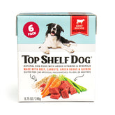Top Shelf Dog cena de res en plato, ideal para perros exigentes.