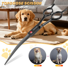 TOPGOOSE tijera mango ergonómico para mascotas, reduce fatiga durante sesiones largas.