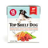 Top Shelf Dog Beef Dinner en cartón de 8.75oz, conveniente para alimentar al instante.