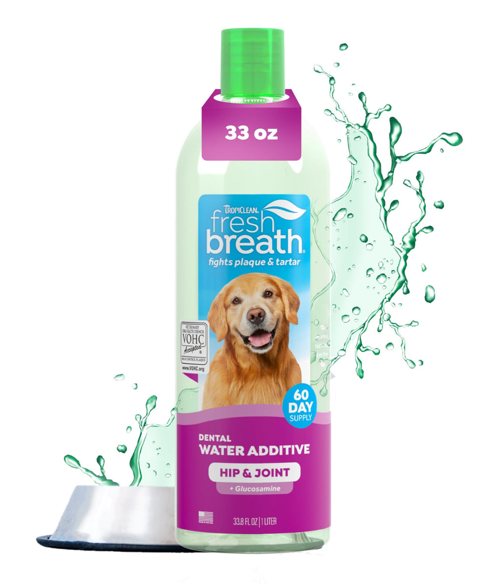 TropiClean Fresh Breath Water Additive, botella frontal, aliento más fresco para perros.
