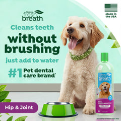 Perro bebiendo agua con TropiClean, aliento fresco durante horas.