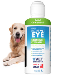 Gotas TropiClean HomeVet para ojos de perro, alivio suave ante irritación ocular.