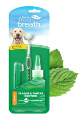 Kit de cuidado bucal TropiClean para perros, ideal para higiene diaria.