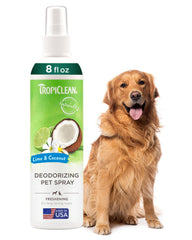 TropiClean perfume para perros: aroma lima-coco de larga duración para pelaje fresco.