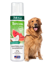 TropiClean Watermelon Waterless Shampoo, botella frontal, limpieza rápida sin agua.