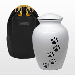 Urna para mascotas Trupoint Memorials blanca con huellas para conservar recuerdos.