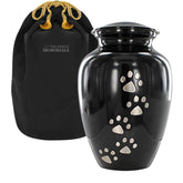 Urna para mascotas Trupoint Memorials con huellas en negro, descanso elegante para tu mejor amigo.