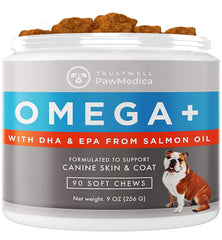 PawMedica Omega 3 para perros: botella del suplemento para una piel saludable.