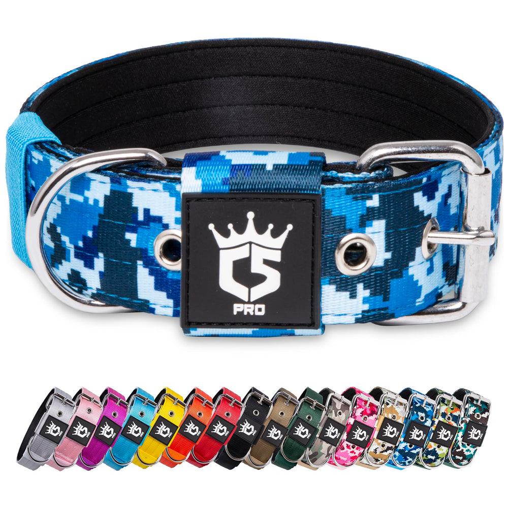 Collar táctico TSPRO 1,5 pulgadas, vista frontal en camuflaje azul para paseos.