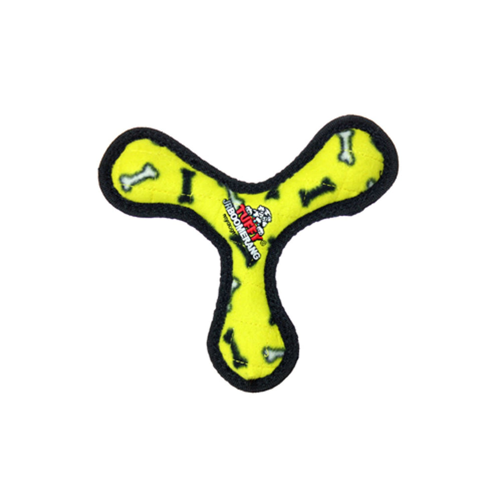TUFFY Tuffy Jr Bowmerang Hueso Amarillo, vista frontal, perfecto para perros pequeños y juegos ligeros.
