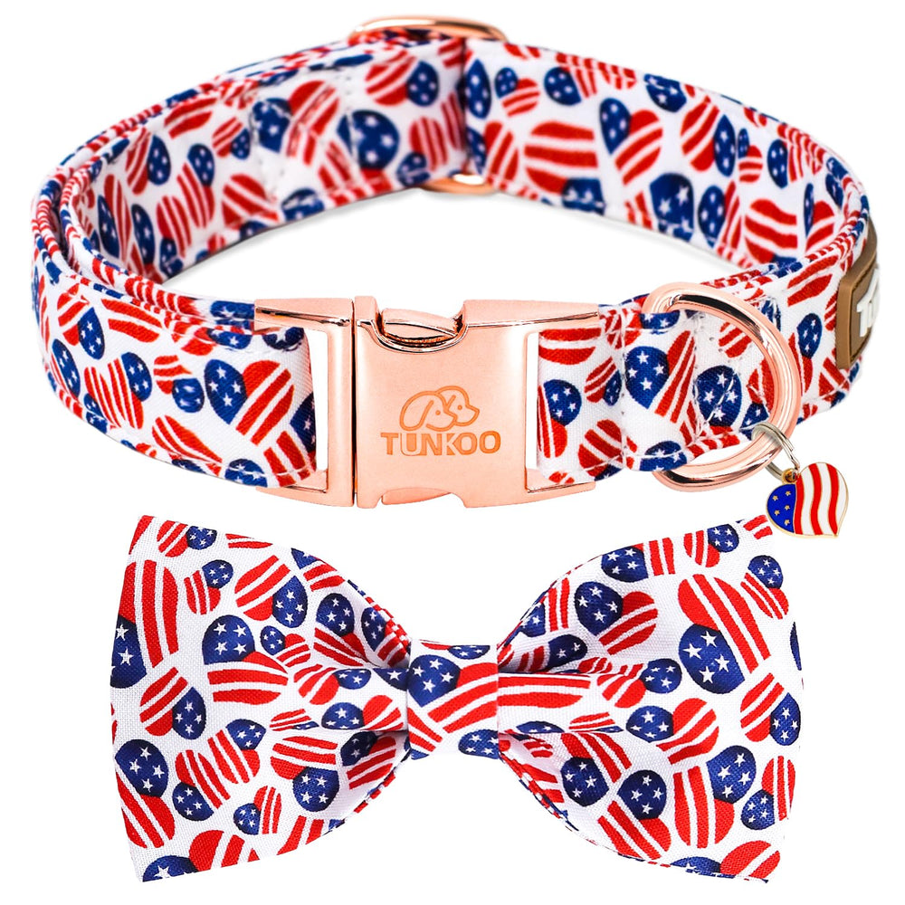 Collar Tunkoo con bandera estadounidense y lazo corazón, ideal para paseos llamativos.