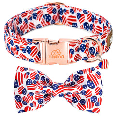 Collar Tunkoo con bandera estadounidense y lazo corazón, ideal para paseos llamativos.