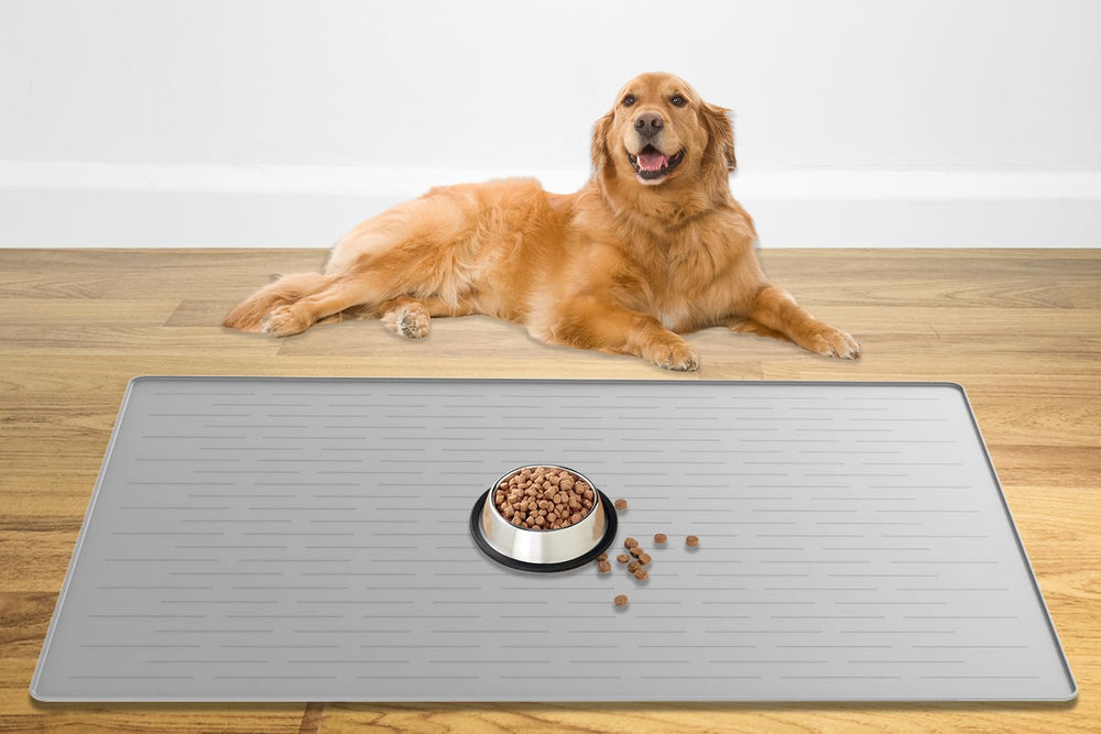 Ultibe tapete de alimentación para mascotas 48x32, gris y blanco, protege el suelo.