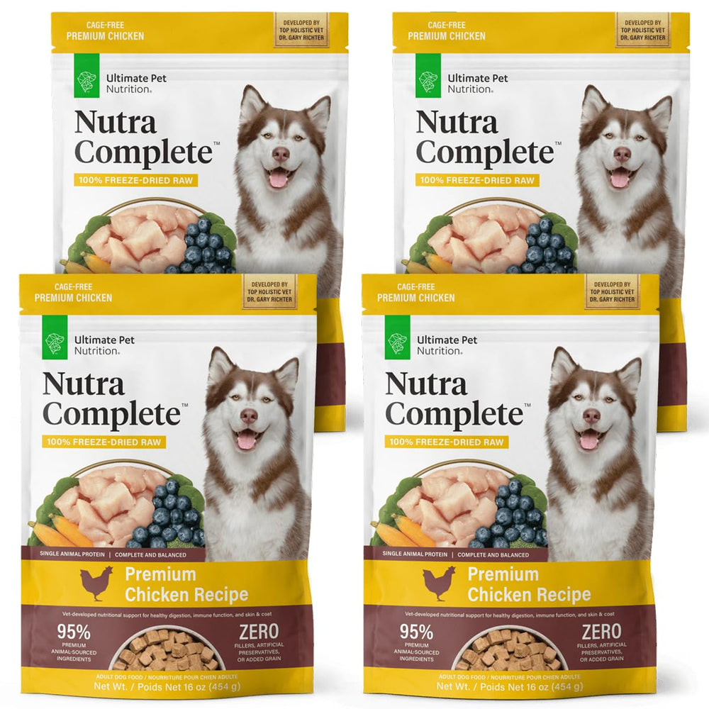 Nutra Complete de Ultimate Pet Nutrition, pollo liofilizado en bolsa de 1 lb para dieta cruda.