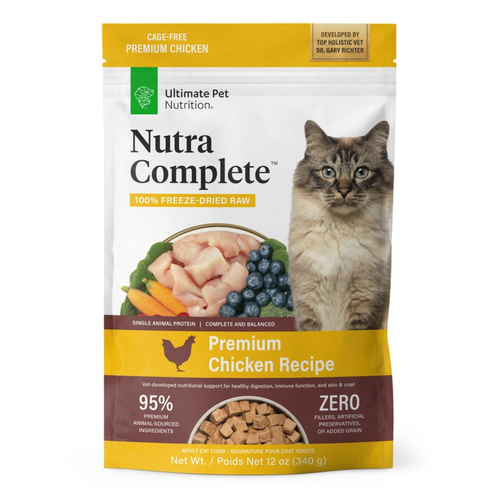 Nutra Complete: empaque frontal, alimento premium para gatos, fácil de almacenar