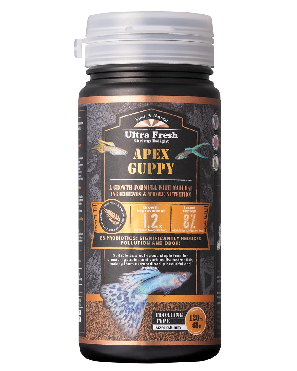 Ultra Fresh Apex Guppy con sabor langostino salvaje para atraer peces guppy.
