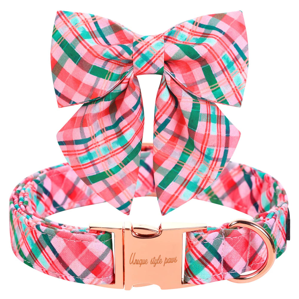 Unique style paws collar con corbat rosa y verde a cuadros, ideal para eventos festivos.