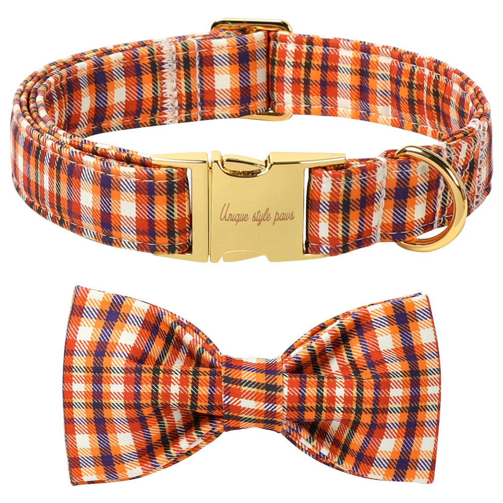 Collar Unique Style Paws de algodón con lazo naranja y rejilla, cómodo para paseos diarios.