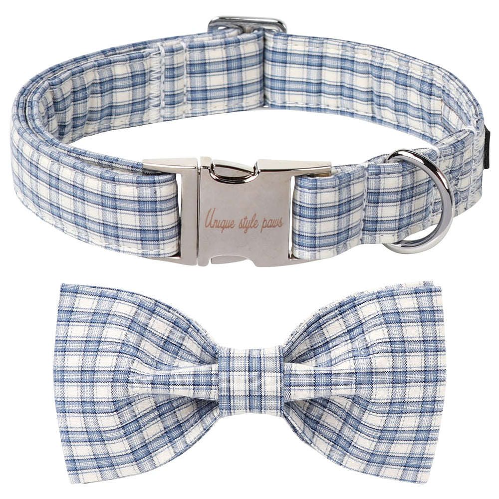 Collar Unique Style Paws con lazo azul y blanco, cómodo y a la moda.