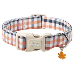 Collar Unique Style Paws para perro en tono otoño con diseño de cuadros, ideal para paseos diarios.