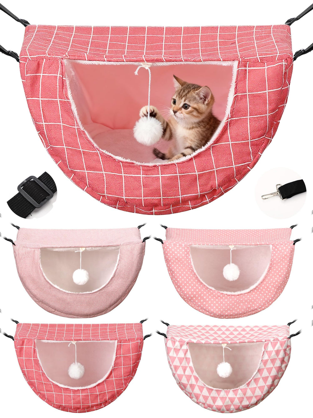 Hamaca Unittype para gato con puntos rosa, cómodo descanso suave.
