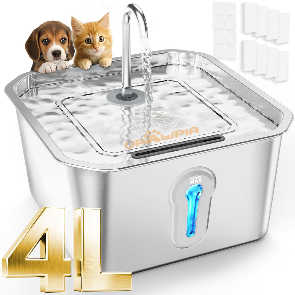 UPAWPIA bebedero grande 4L en acero inoxidable, duradero para gatos.