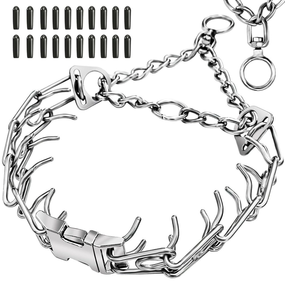 UPDOPEF collar de acero inoxidable, primer plano; resistente para paseos activos.