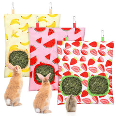UPINS bolsa de heno para conejos con dos agujeros y patrón fruta, mantiene el heno limpio