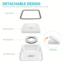 Bebedero UPSKY con filtro de carbono activado para agua más limpia.