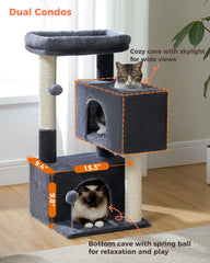 UYMI torre gato 32 pulgadas dos pompones, juguetes colgantes para juego activo.