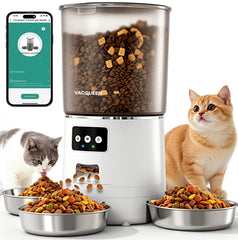Vacqueen comedero automático para gatos con 3 tazones y porciones ajustables.