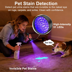 Linterna UV Vansky identifica orina de mascotas para inspección rápida.