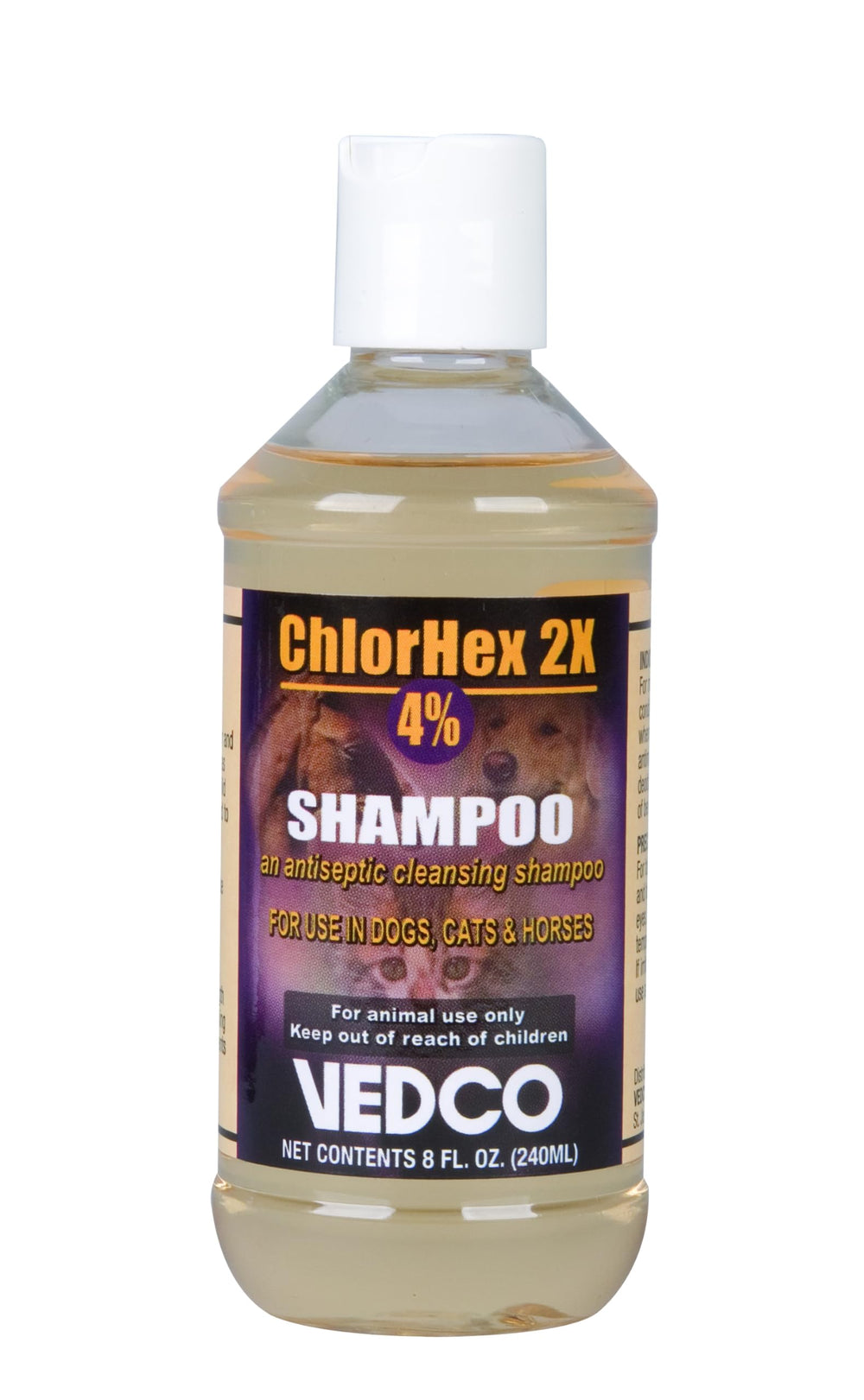 Vedco Chlorhex 2X 4% champú, botella, limpieza profunda y frescura para el pelaje.