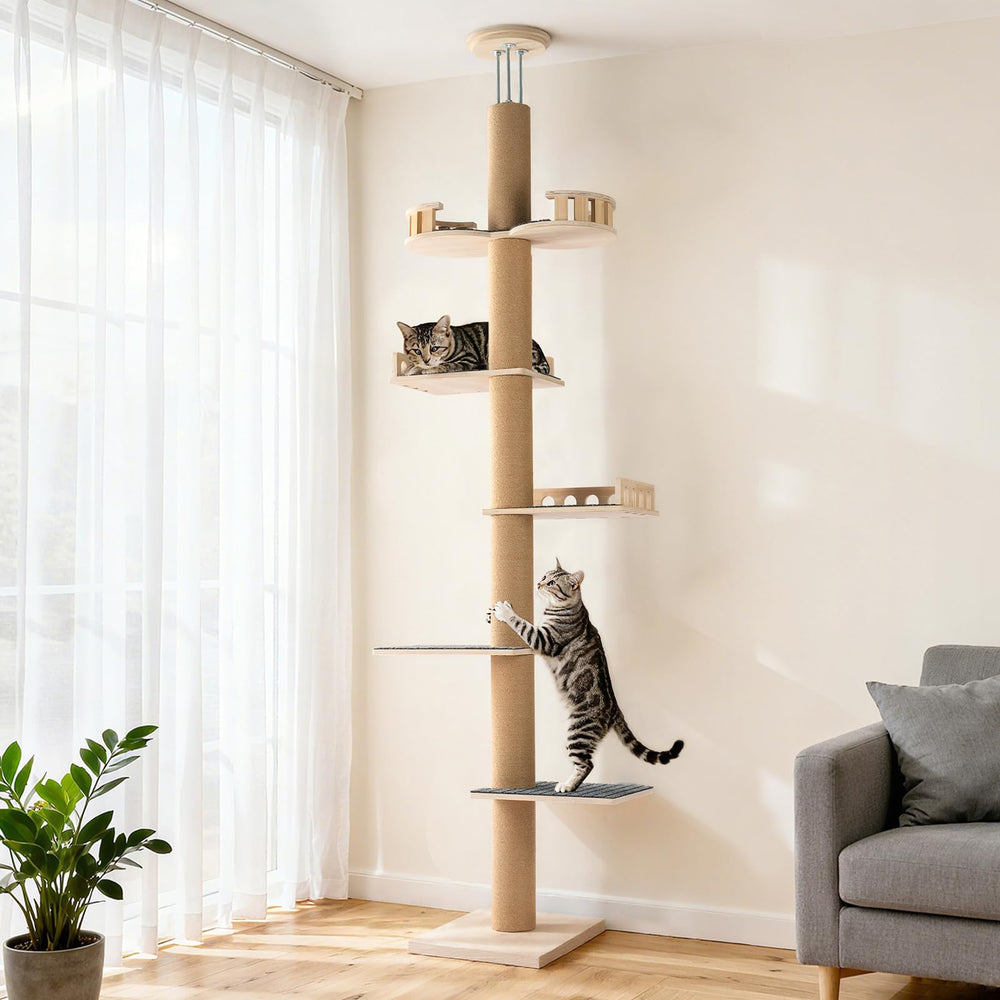 Veehoo arbol-gato piso-techo ajustable para alturas variables y seguridad.