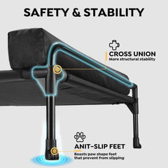 Cama elevada Veehoo con soporte triple, bordes acolchados para seguridad y confort.