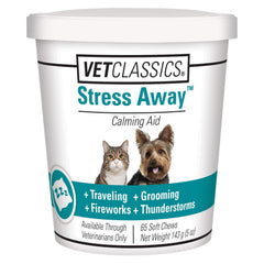 Vet Classics Stress Away botella con etiqueta calmante para perros y gatos.