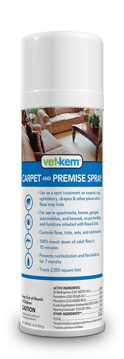 Vet-Kem aerosol para alfombras y locales, ayuda a controlar pulgas y garrapatas en interiores.