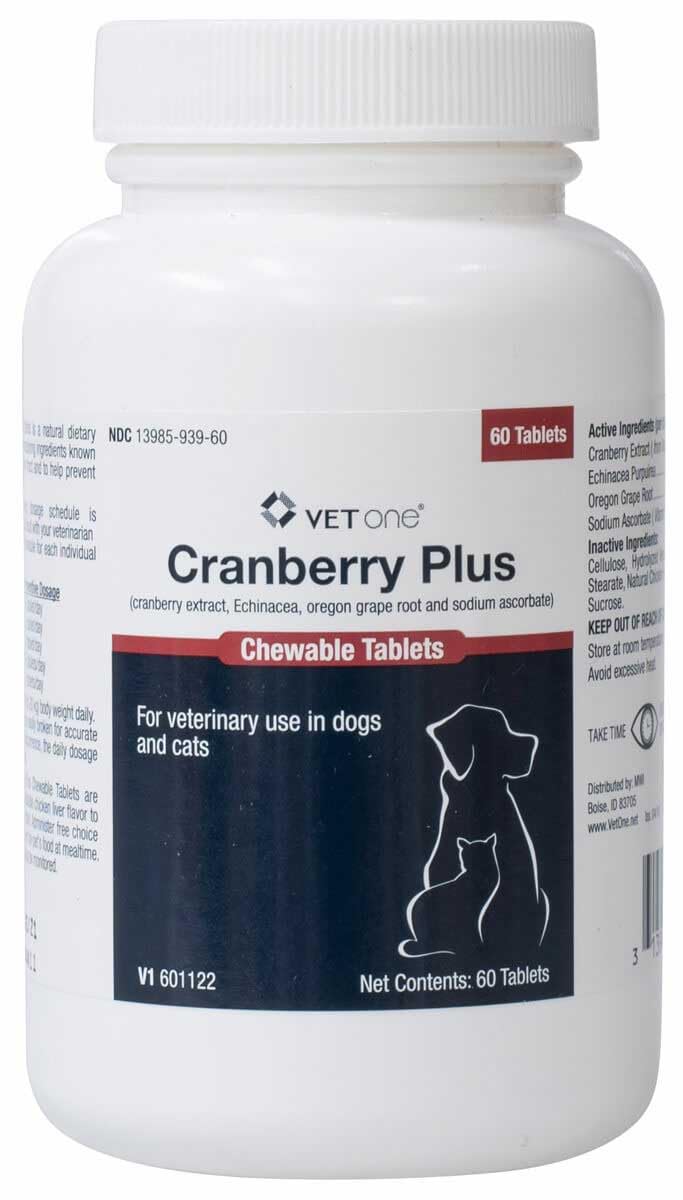 Vet One Cranberry Plus tabletas masticables para apoyo urinario en mascotas.