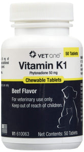 Vet One Vitamin K1, tabletas masticables, fácil administración para mascotas.