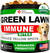 Vet Promise galletas para césped, empaque visible, posibles soporte para césped verde.