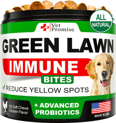 Vet Promise galletas para césped, empaque visible, posibles soporte para césped verde.