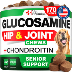 Vet Promise glucosamina para perros: masticables de 170 unidades, empaque práctico para movilidad diaria.