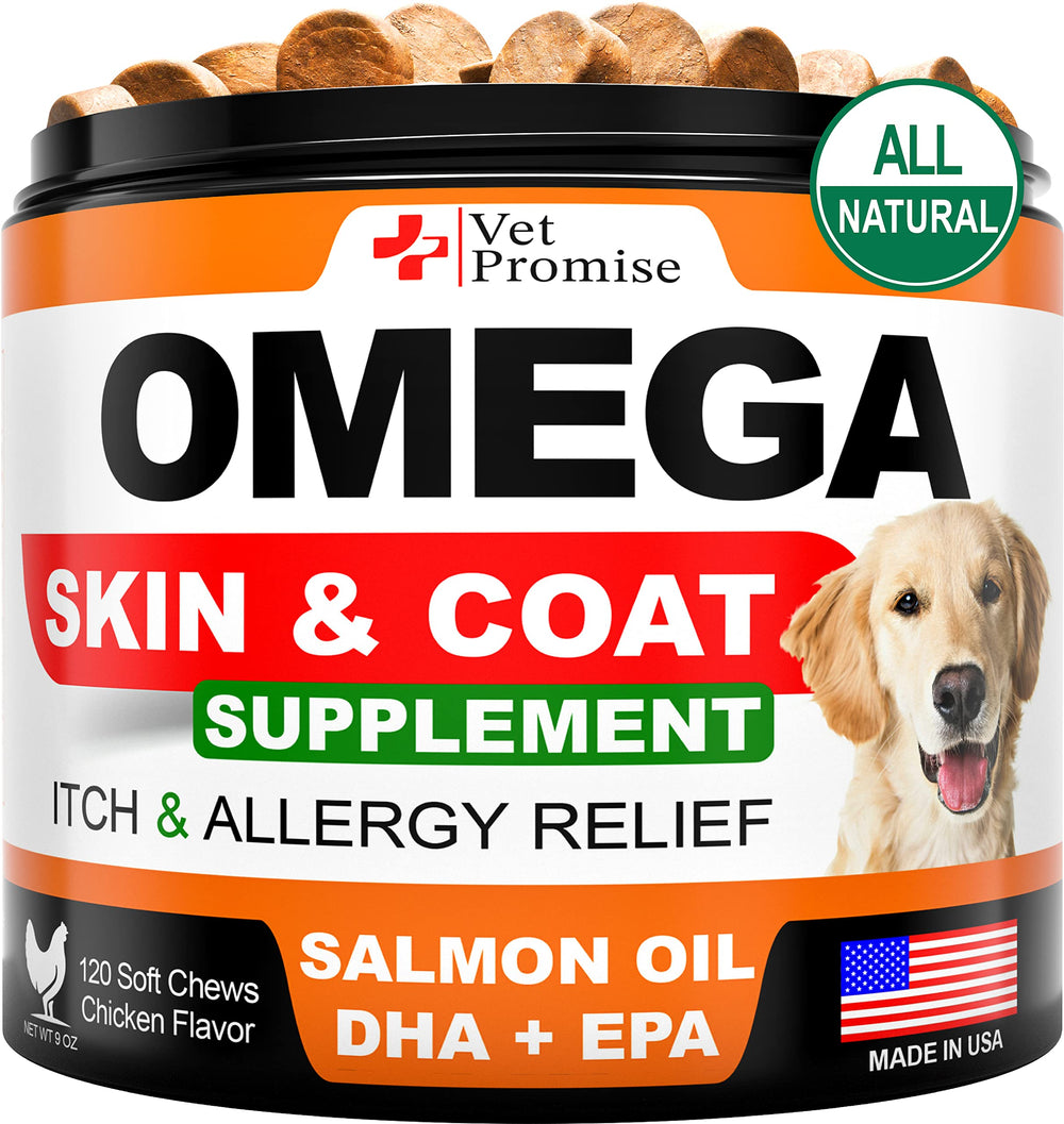 Vet Promise Omega-3 para perros en botella de salmón; apoyar piel y pelaje.