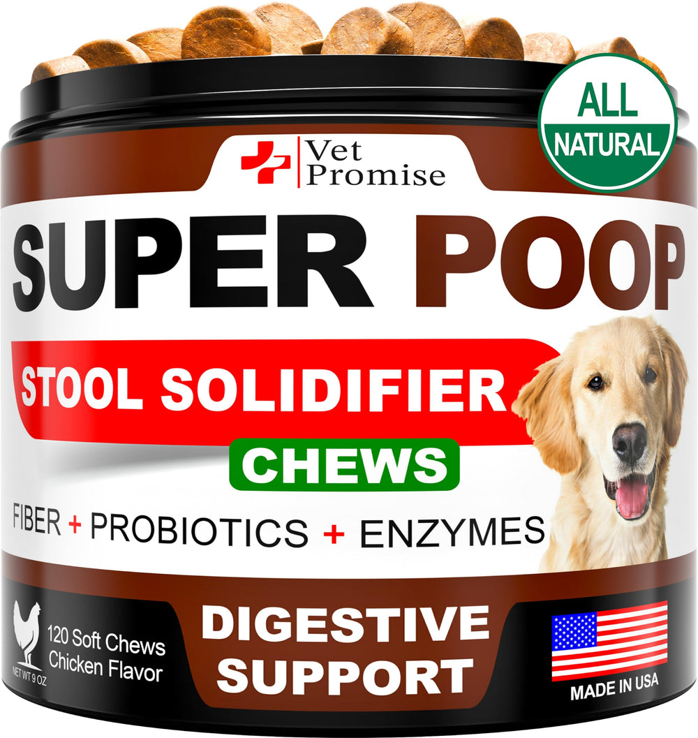Empaque Vet Promise Super Poop Probióticos para perros, práctico y fácil de usar.